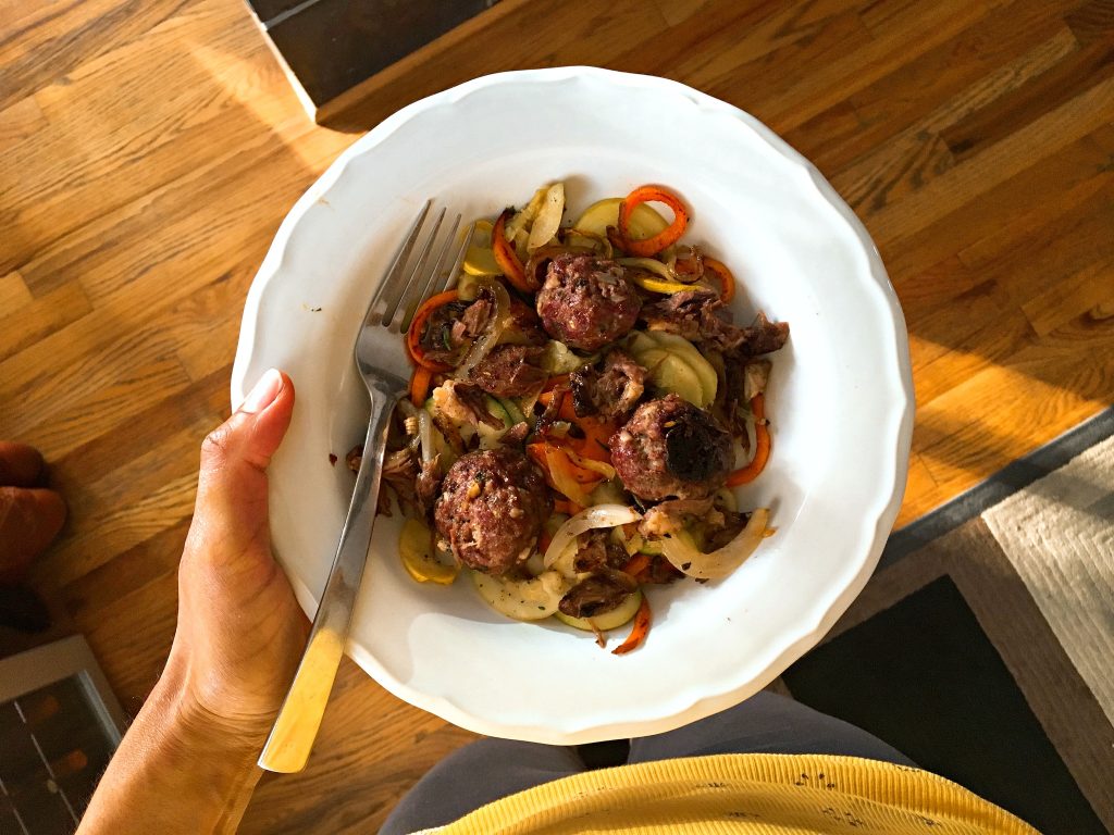 Paleo meatballs with zucchini pasta and sweet potato pasta created in a spiralizer